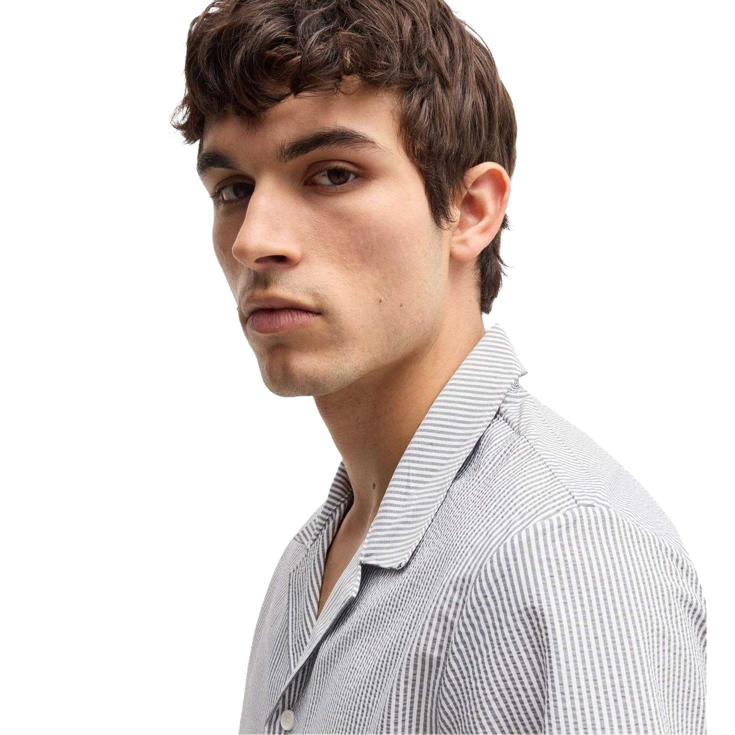 Navy - Side - Boss Mens Velvetfish Stripe Beach Shirt