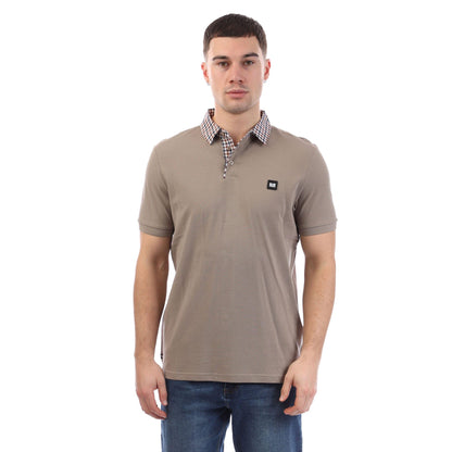 Stone - Front - Weekend Offender Mens Nicks Checked Collar Polo Shirt