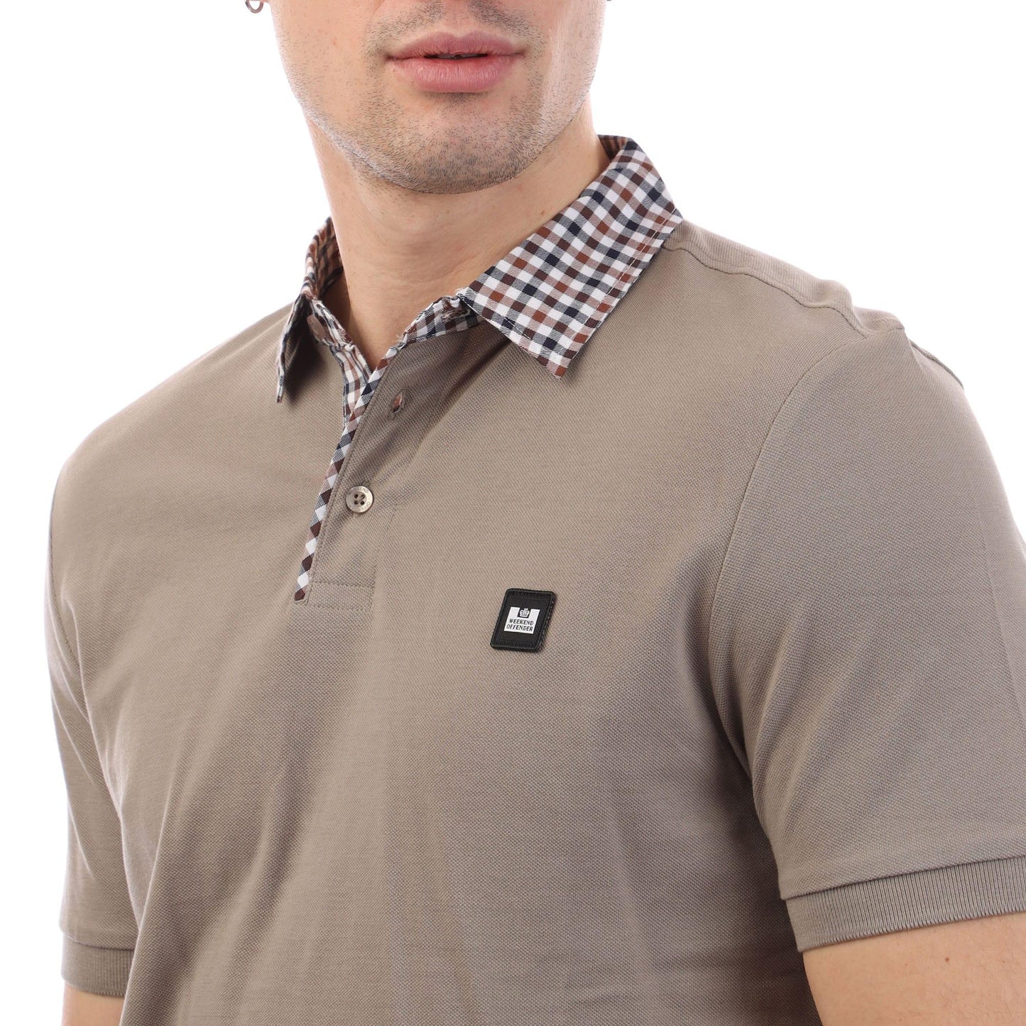 Stone - Back - Weekend Offender Mens Nicks Checked Collar Polo Shirt
