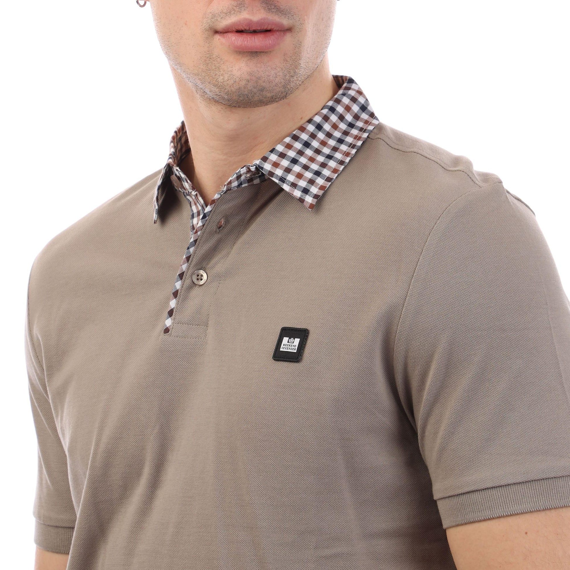 Stone - Back - Weekend Offender Mens Nicks Checked Collar Polo Shirt