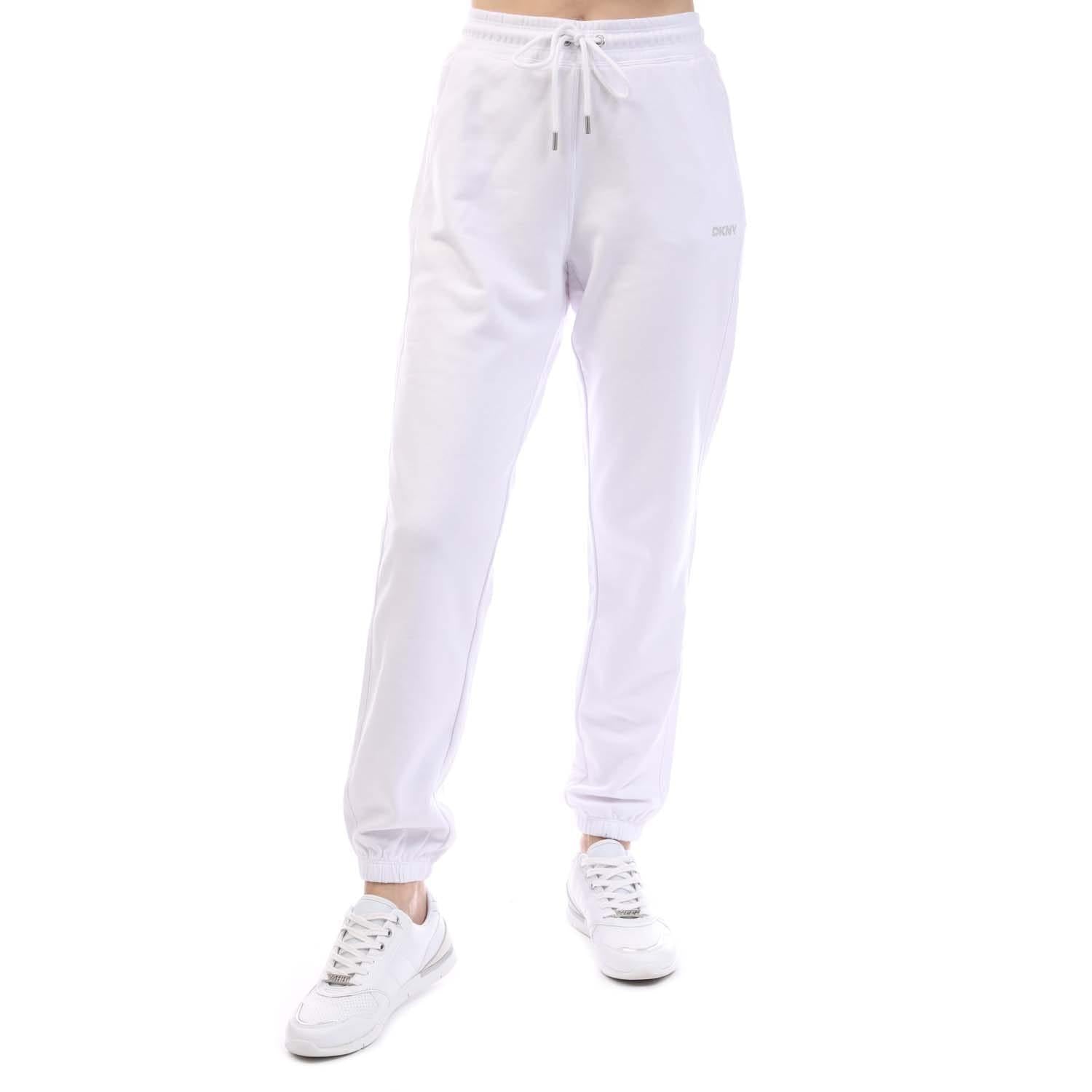 White - Front - DKNY Womens-Ladies Studded Logo Relaxed Fit Jogging Bottoms