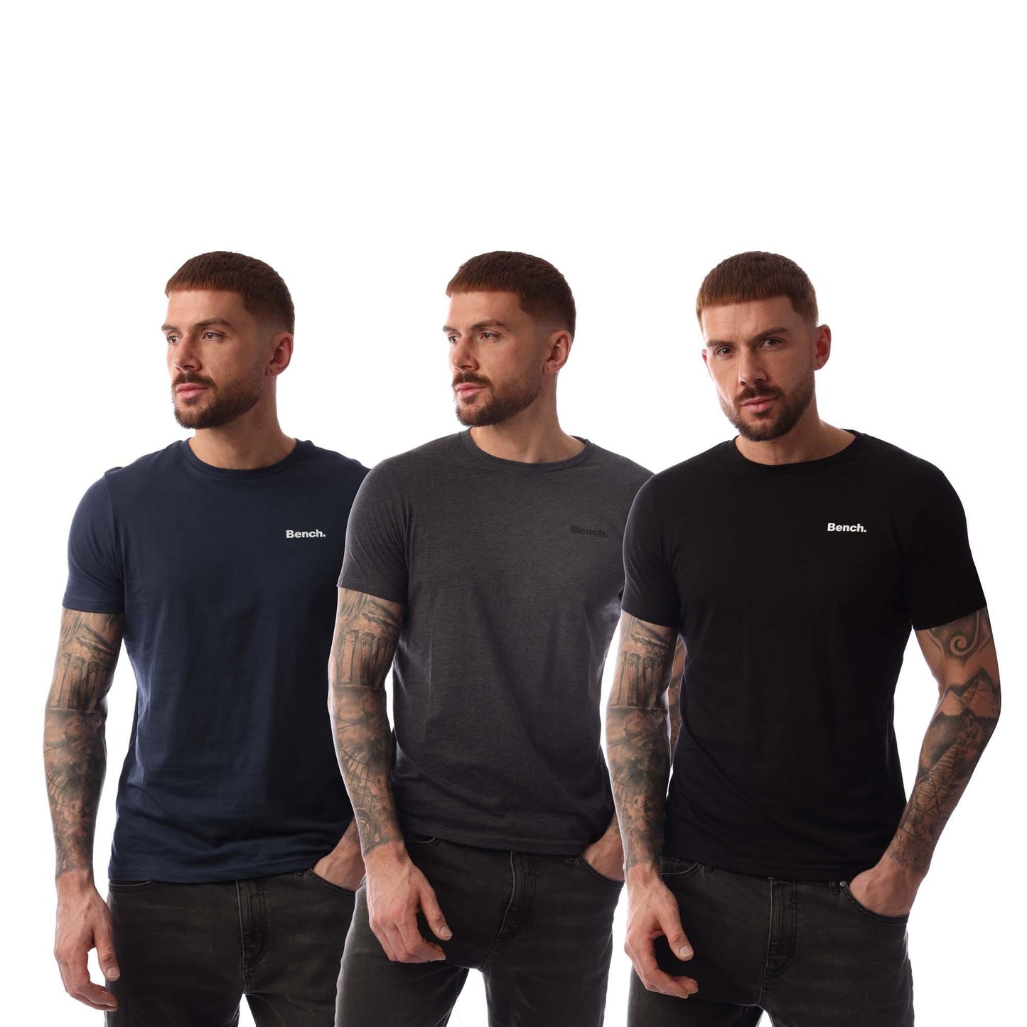 Navy-Grey-Black - Front - Bench Mens Platten T-Shirt (Pack of 3)
