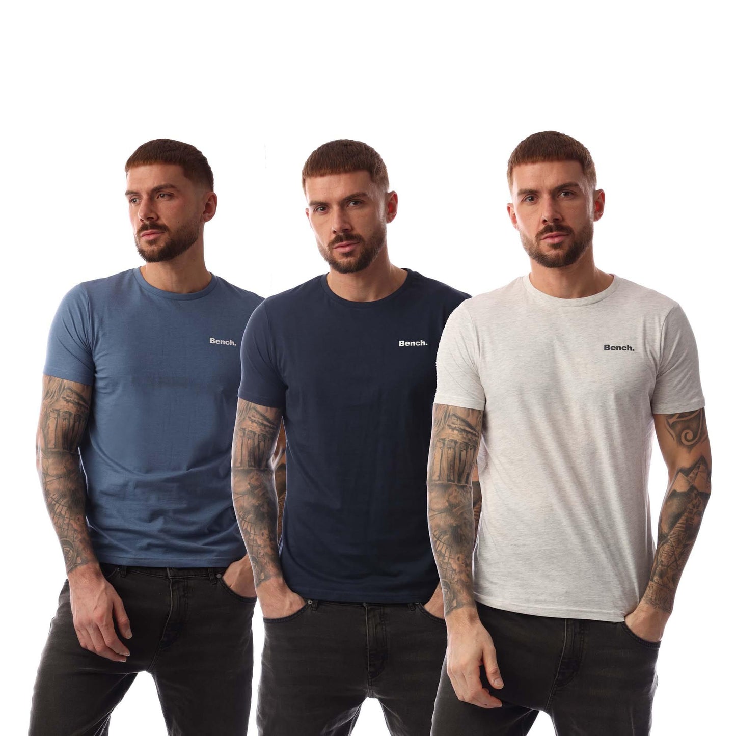 Blue-Cream-Navy - Front - Bench Mens Bognor T-Shirt (Pack of 3)