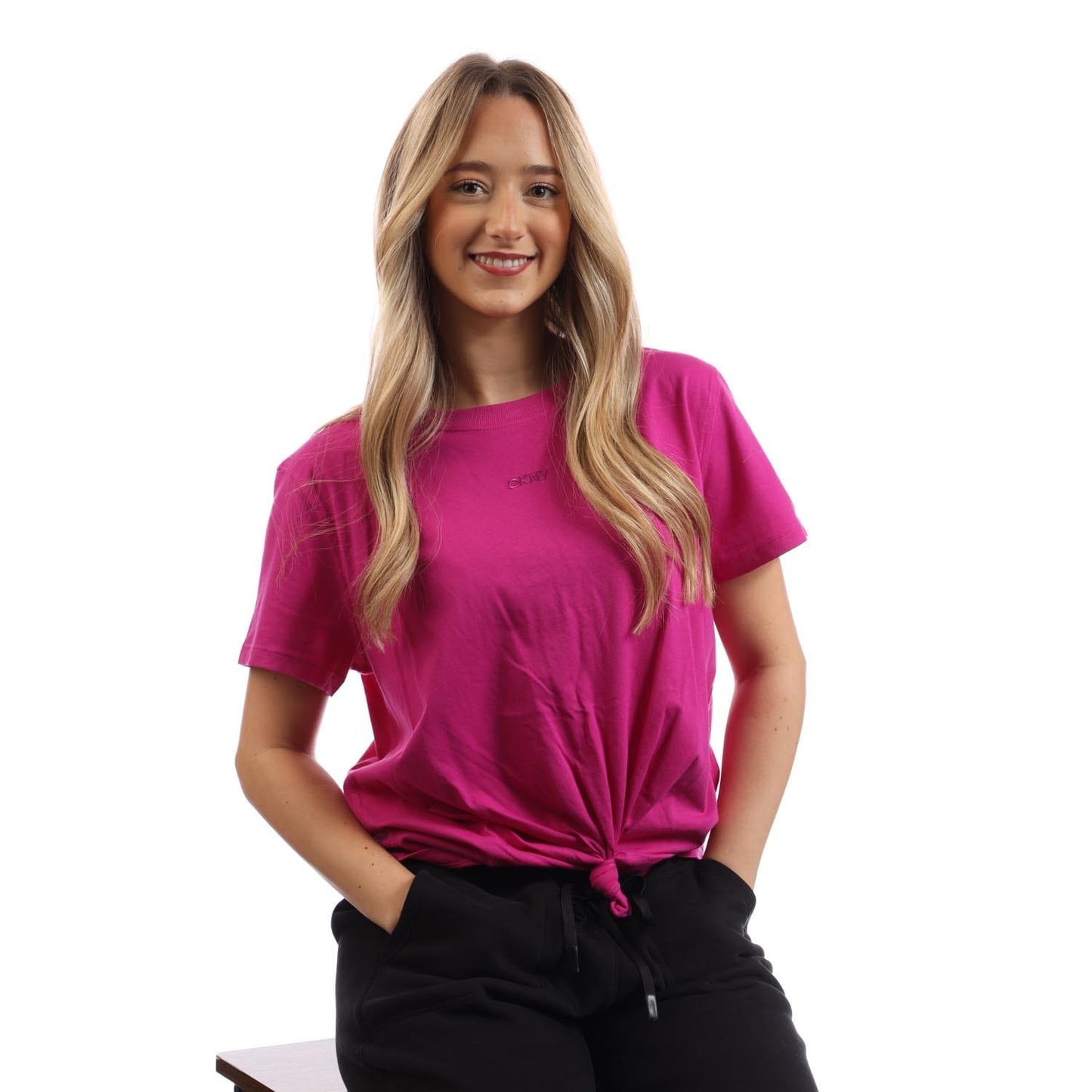 Pinky Purple - Close up - DKNY Womens-Ladies Logo Twist Knot T-Shirt