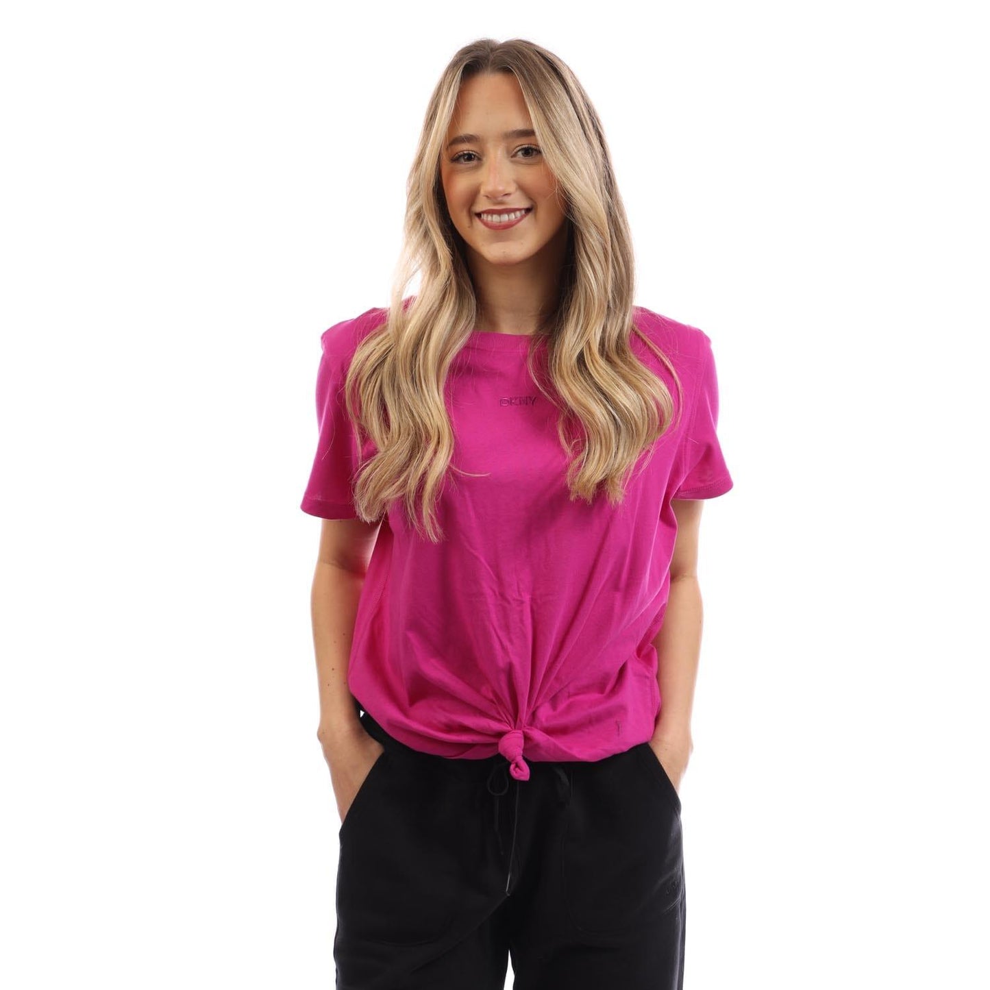 Pinky Purple - Front - DKNY Womens-Ladies Logo Twist Knot T-Shirt