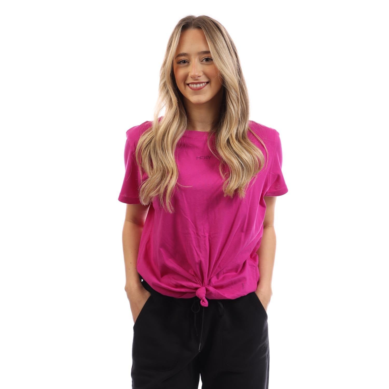 Pinky Purple - Front - DKNY Womens-Ladies Logo Twist Knot T-Shirt