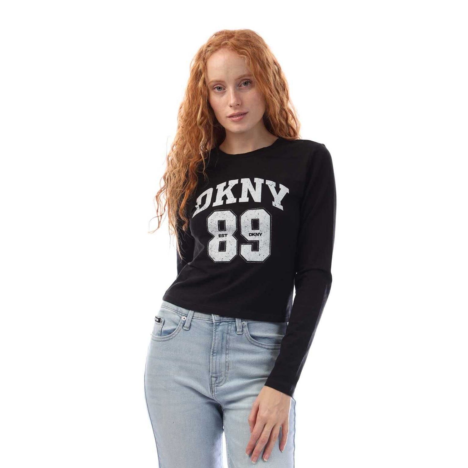 Black-White - Side - DKNY Womens-Ladies 1989 Logo Cropped Fitted Long-Sleeved T-Shirt