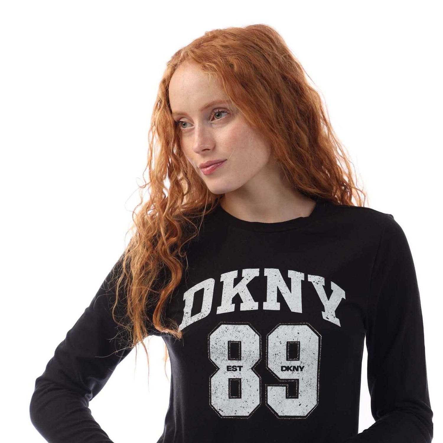 Black-White - Pack Shot - DKNY Womens-Ladies 1989 Logo Cropped Fitted Long-Sleeved T-Shirt