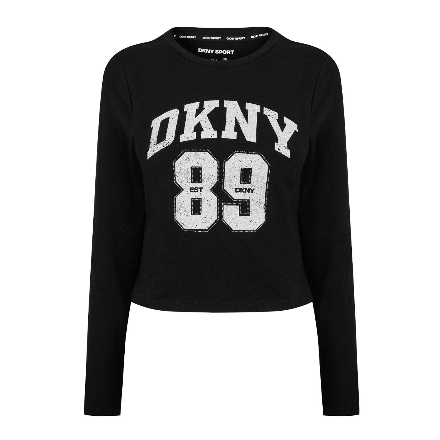 Black-White - Front - DKNY Womens-Ladies 1989 Logo Cropped Fitted Long-Sleeved T-Shirt