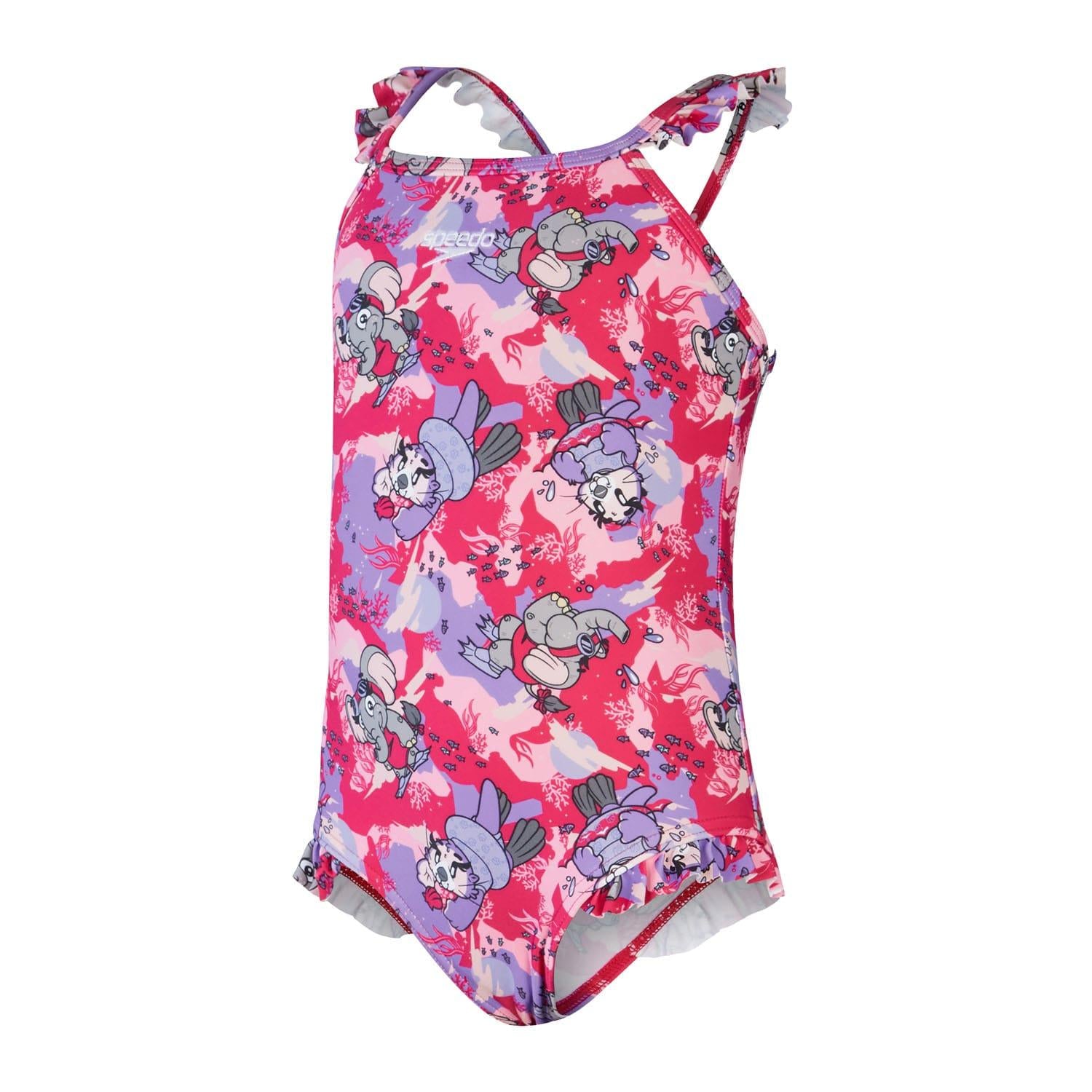 Pink - Front - Speedo Girls Frill One Piece Swimsuit