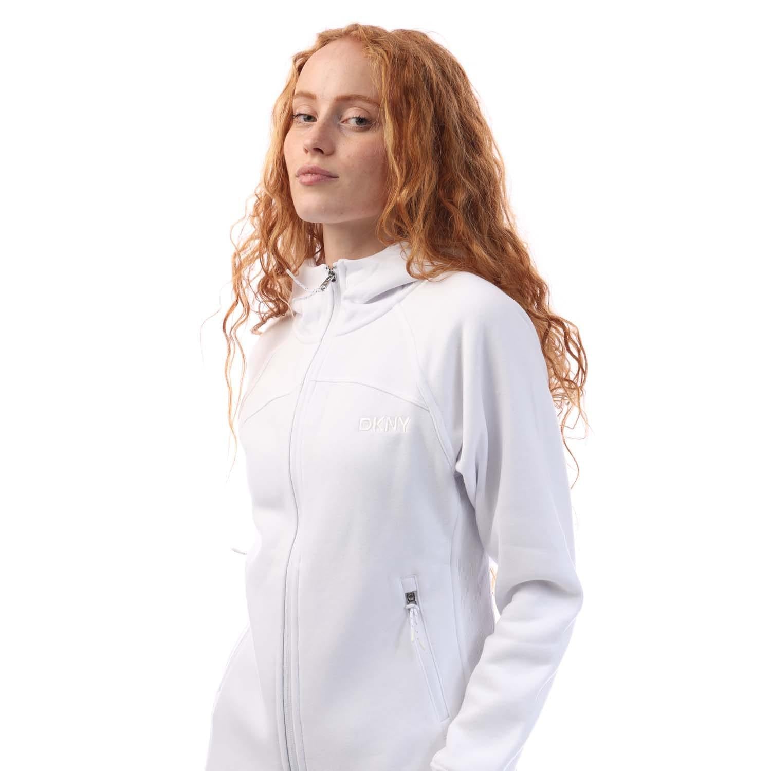 White - Side - DKNY Womens-Ladies Embellished Logo Fitted Full Zip Hoodie