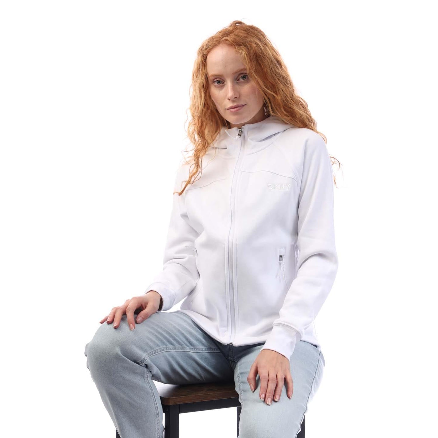 White - Lifestyle - DKNY Womens-Ladies Embellished Logo Fitted Full Zip Hoodie