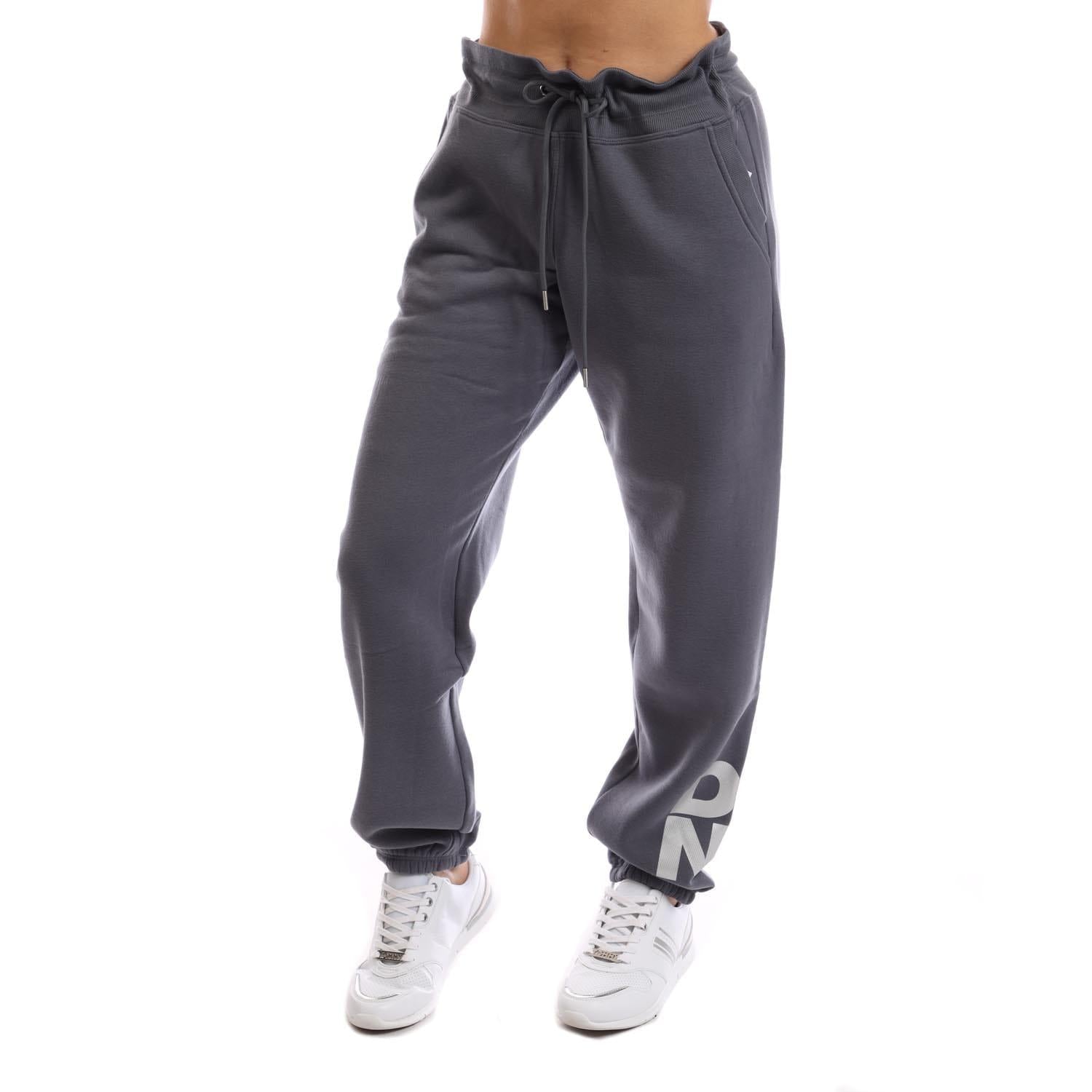 Silver - Front - DKNY Womens-Ladies Foil Logo Jogging Bottoms