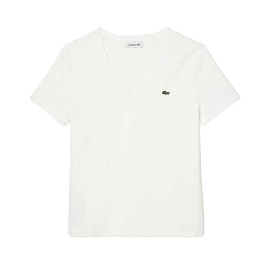 White - Front - Lacoste Womens-Ladies V Neck Loose Fit T-Shirt