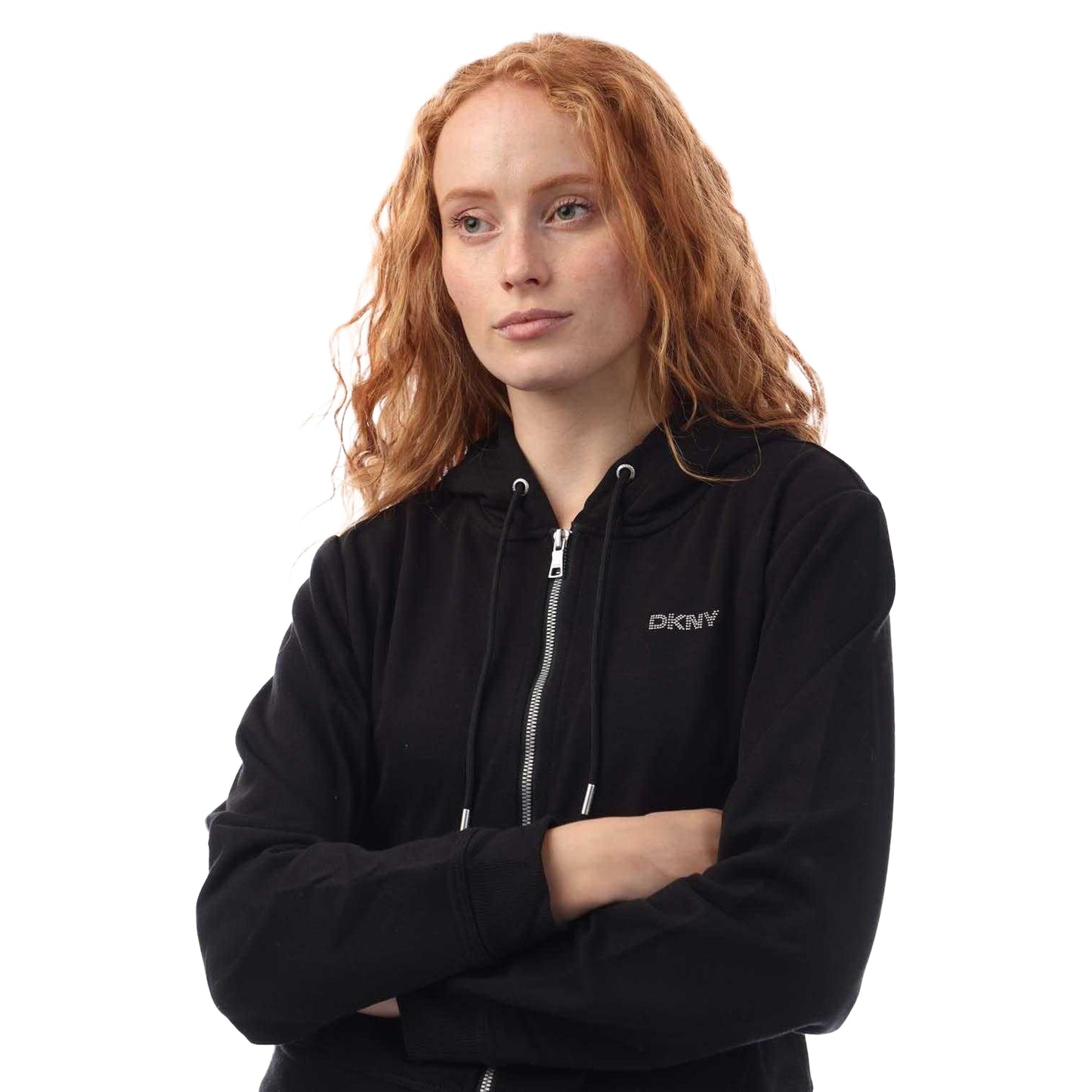 Black - Side - DKNY Womens-Ladies Studded Logo Full Zip Hoodie
