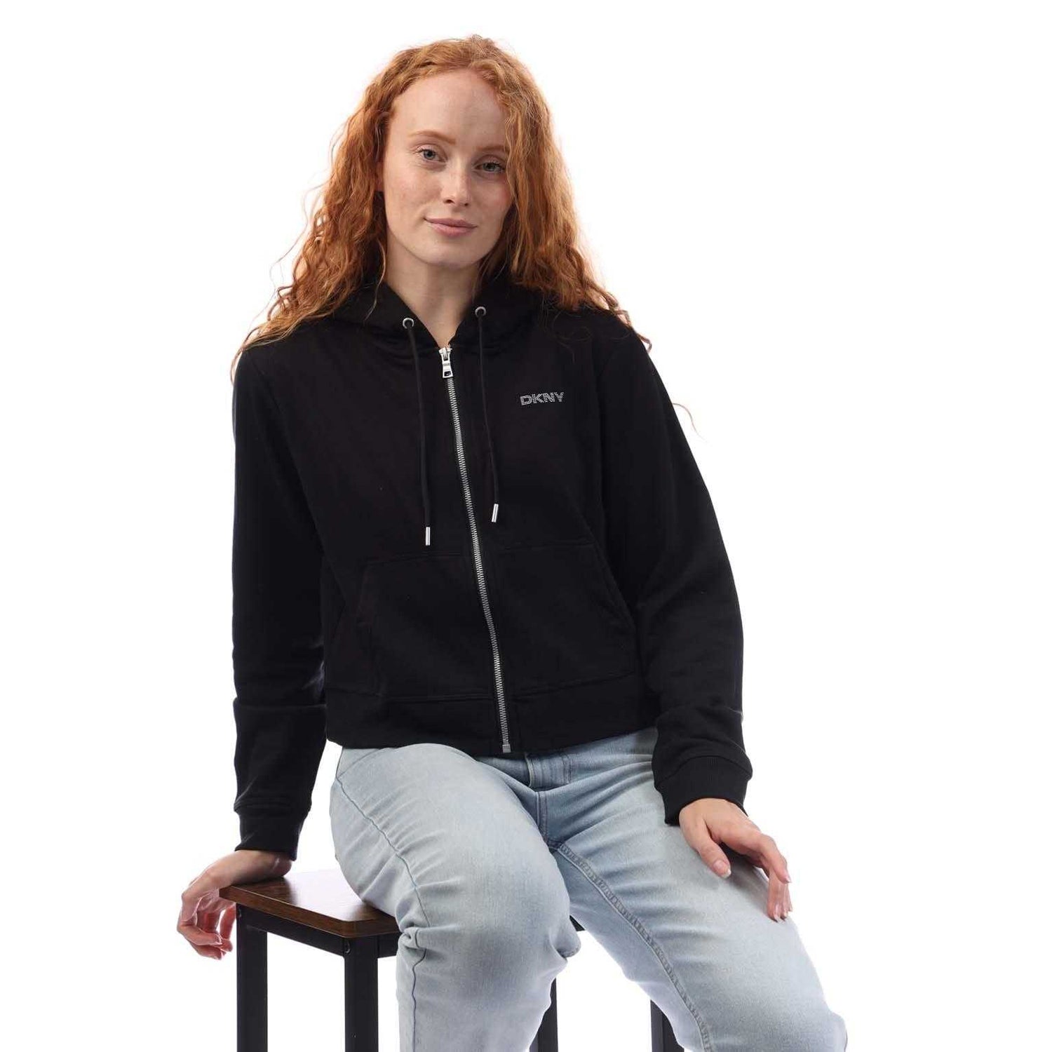 Black - Lifestyle - DKNY Womens-Ladies Studded Logo Full Zip Hoodie