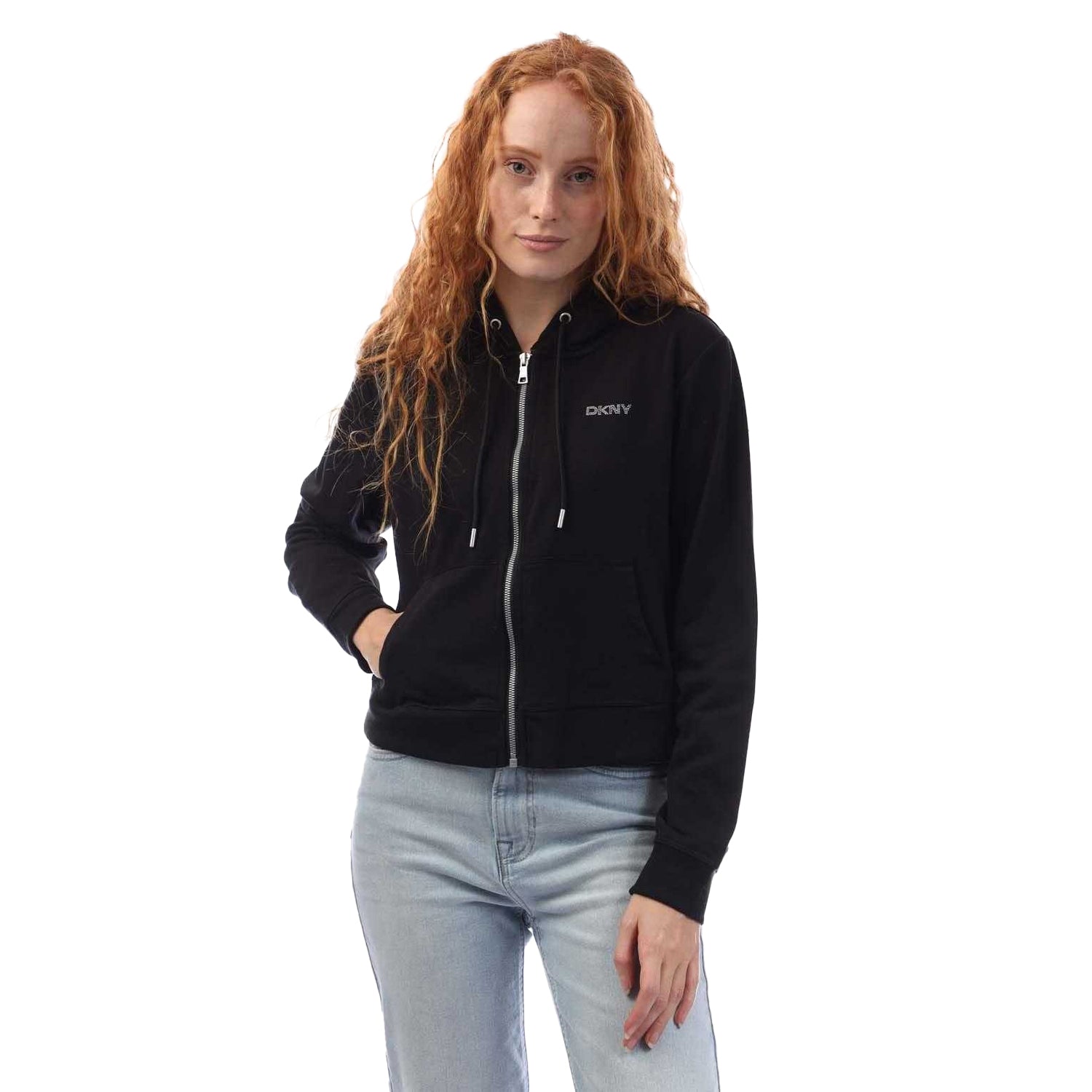 Black - Front - DKNY Womens-Ladies Studded Logo Full Zip Hoodie