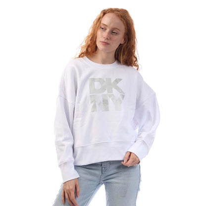 White-Silver - Front - DKNY Womens-Ladies Foil Logo Sweatshirt