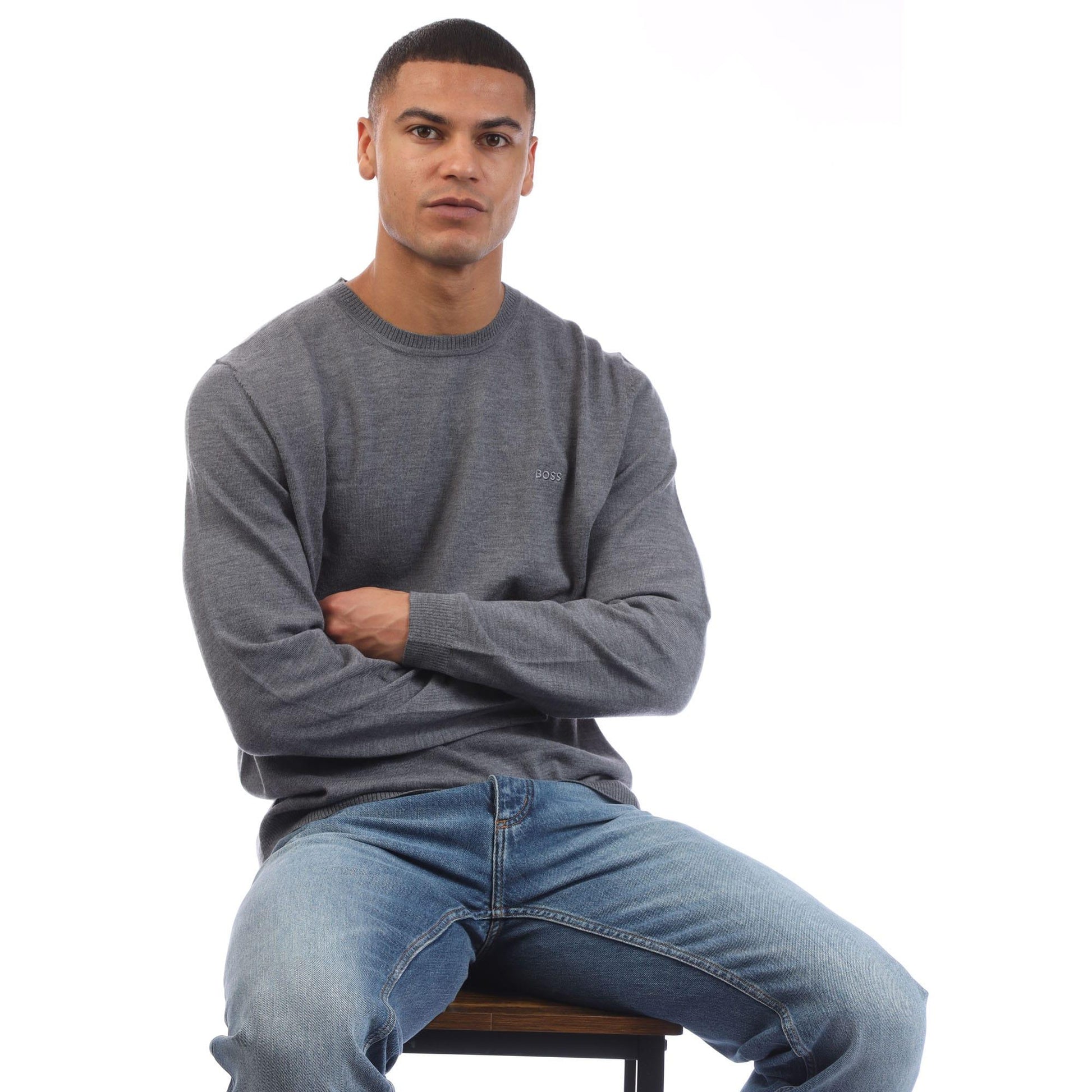 Grey - Lifestyle - Boss Mens Bagritte-E Extra-Fine Merino Wool Sweatshirt