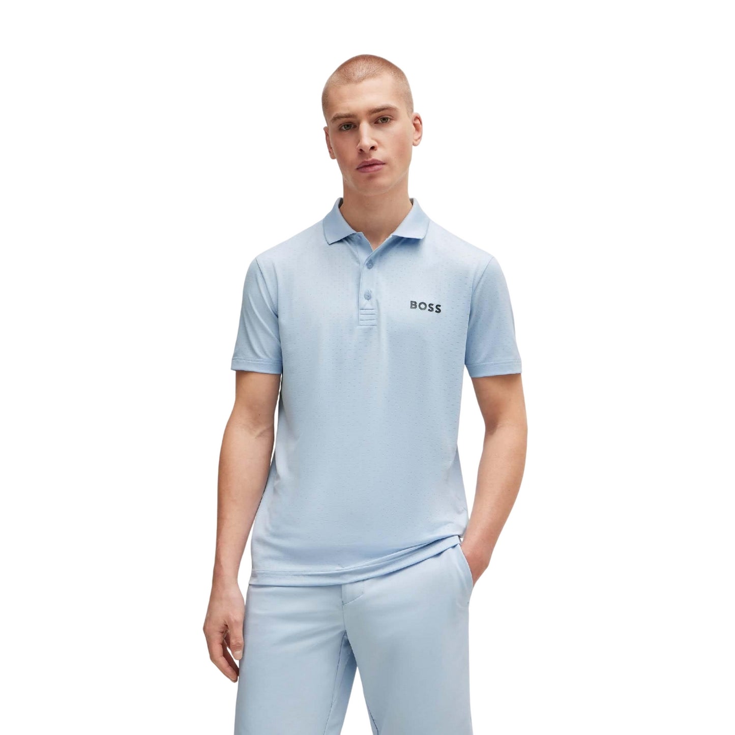 Blue - Side - Boss Mens Paddy Tech Contrast Logo Polo Shirt