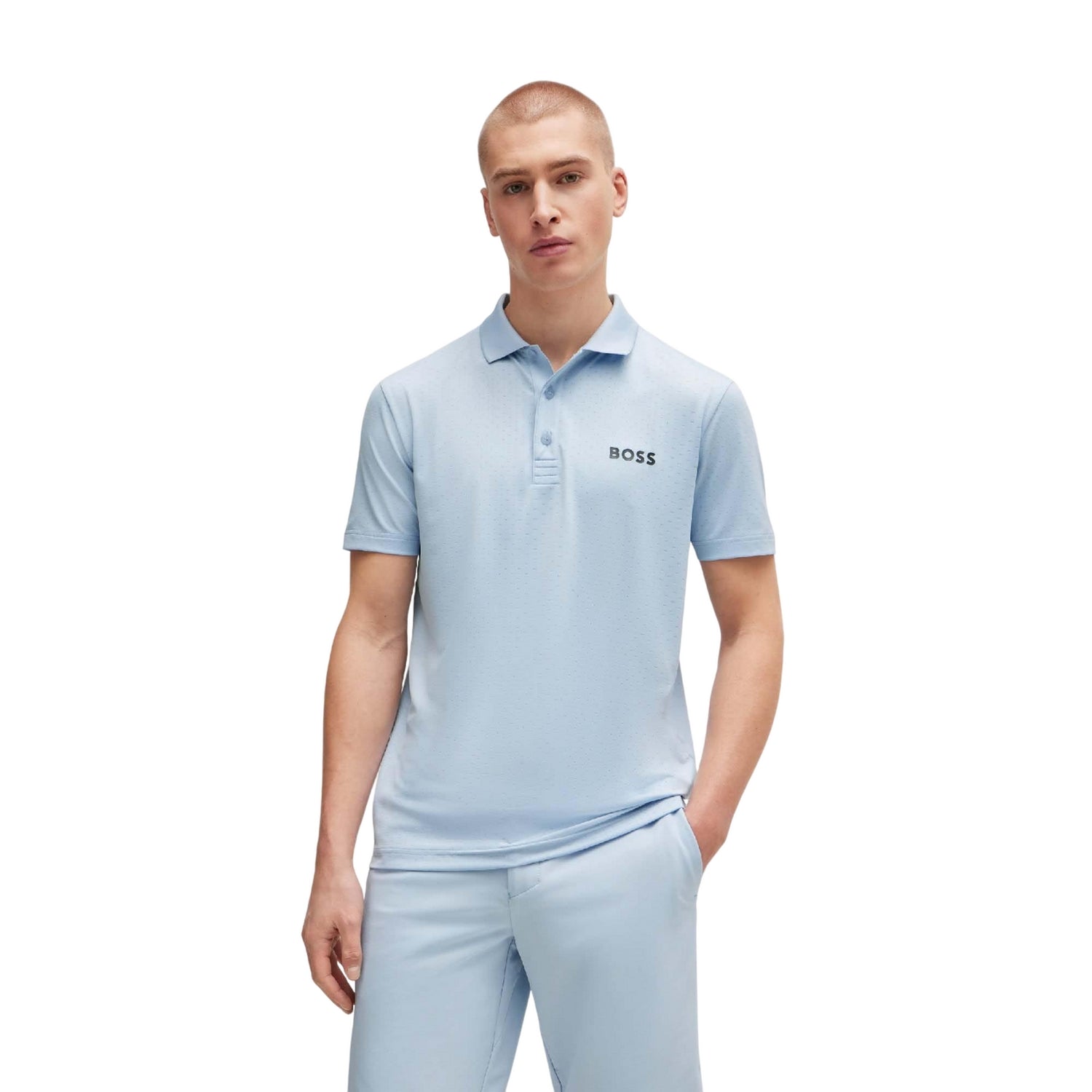 Blue - Side - Boss Mens Paddy Tech Contrast Logo Polo Shirt