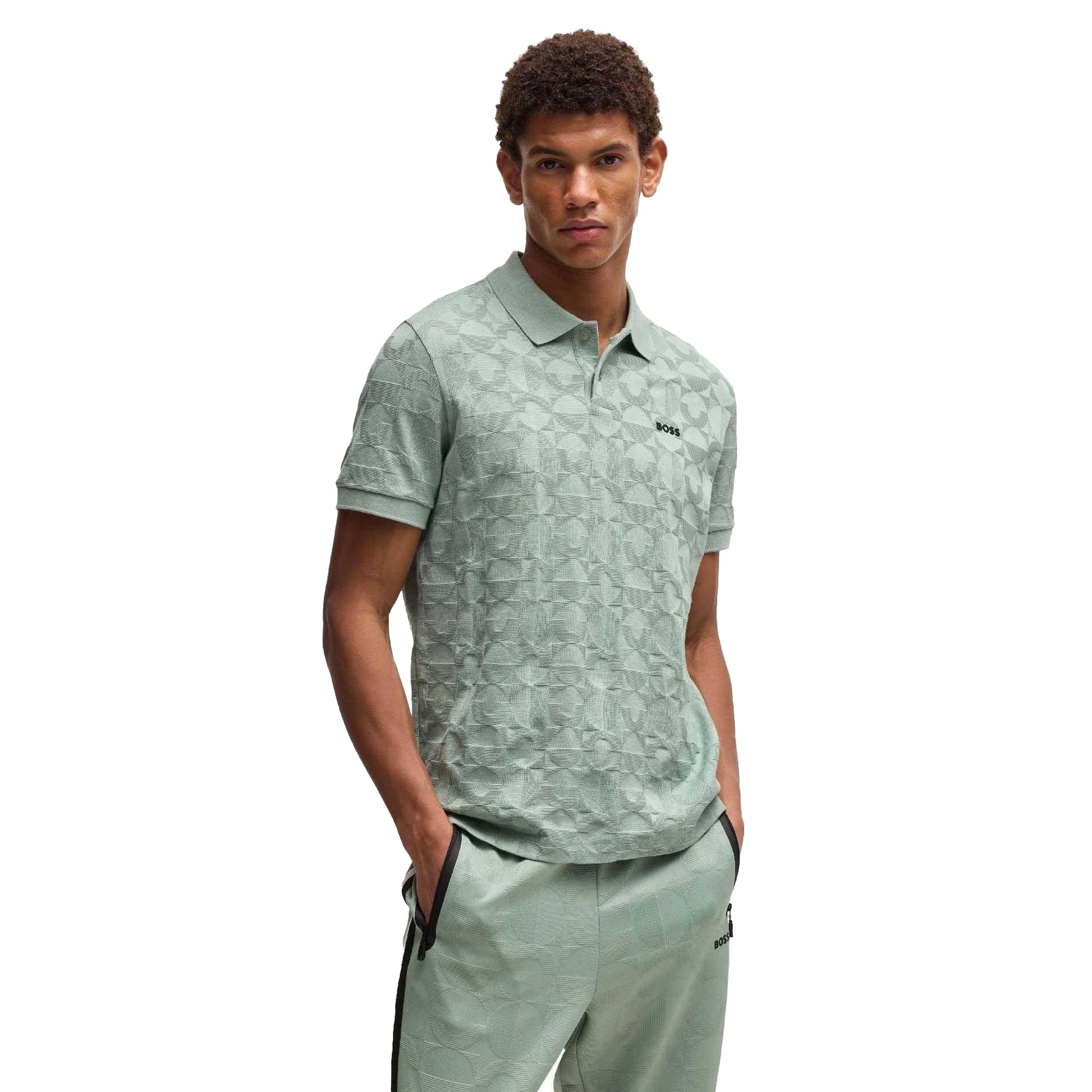 Green - Back - Boss Mens Pirax Circle Jacquard Polo Shirt