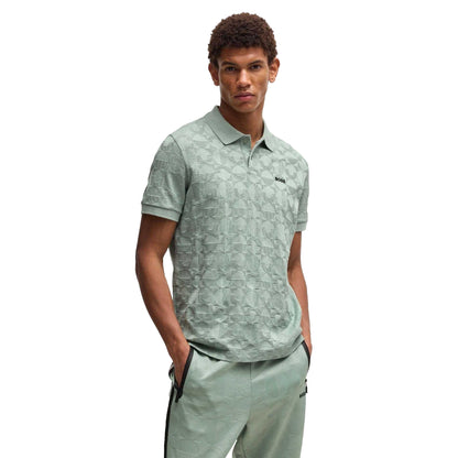 Green - Back - Boss Mens Pirax Circle Jacquard Polo Shirt