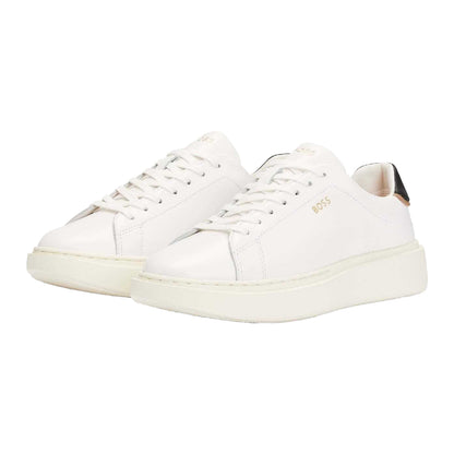 White - Pack Shot - Boss Womens-Ladies Amber Logo Leather Trainers