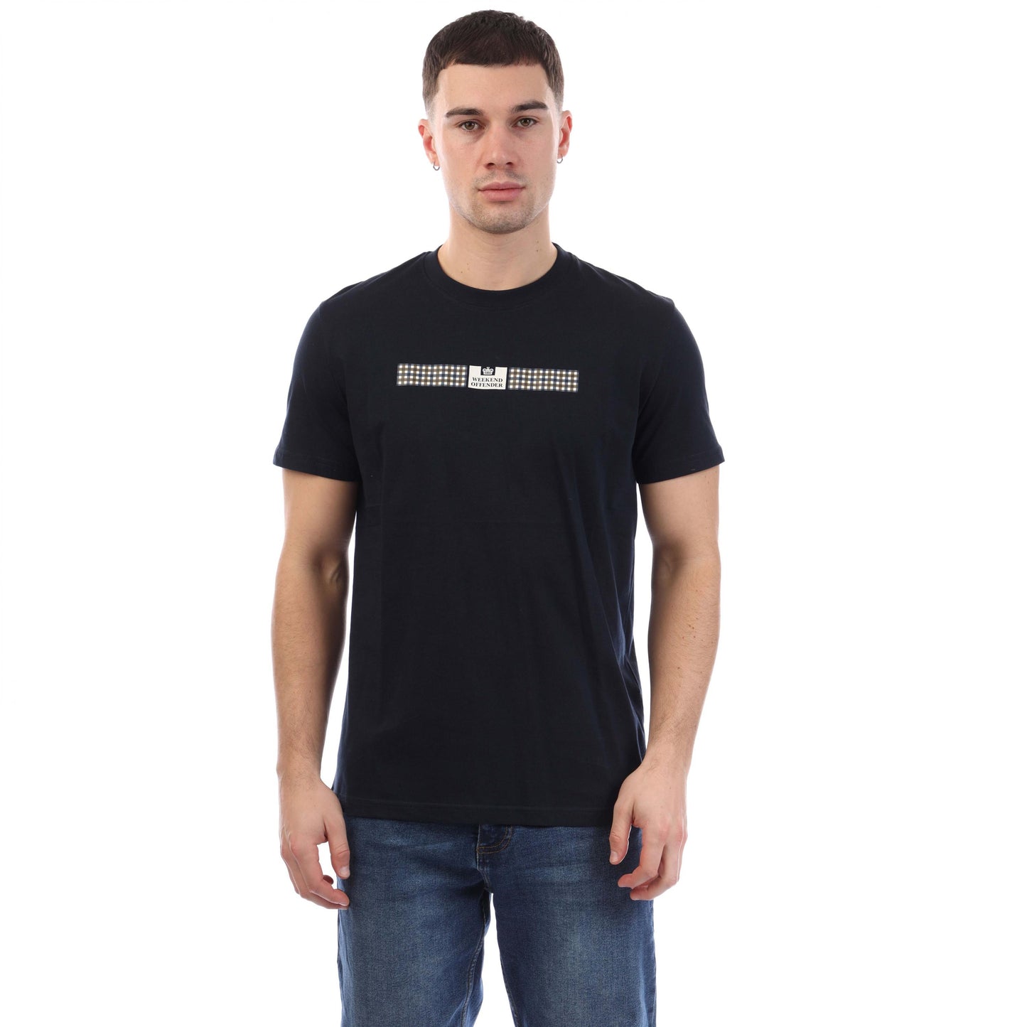 Navy - Front - Weekend Offender Mens Shareck Checked T-Shirt