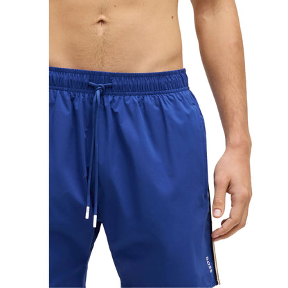 Blue - Side - Boss Mens Iconic Plain Swimming Trunks