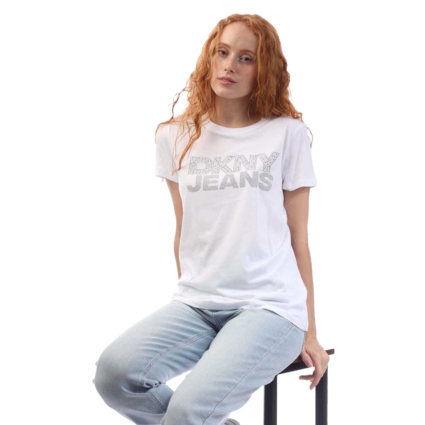 White - Lifestyle - DKNY Womens-Ladies Rhinestud Logo T-Shirt