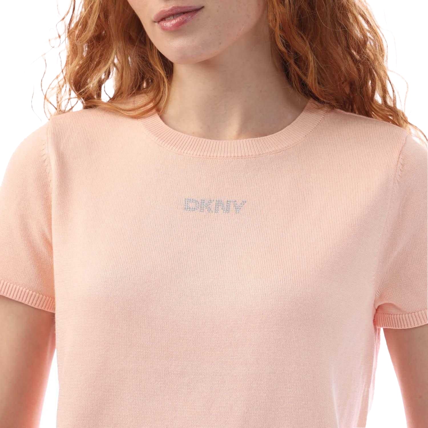 Peach - Lifestyle - DKNY Womens-Ladies Rhinestone Short-Sleeved Sweater Top