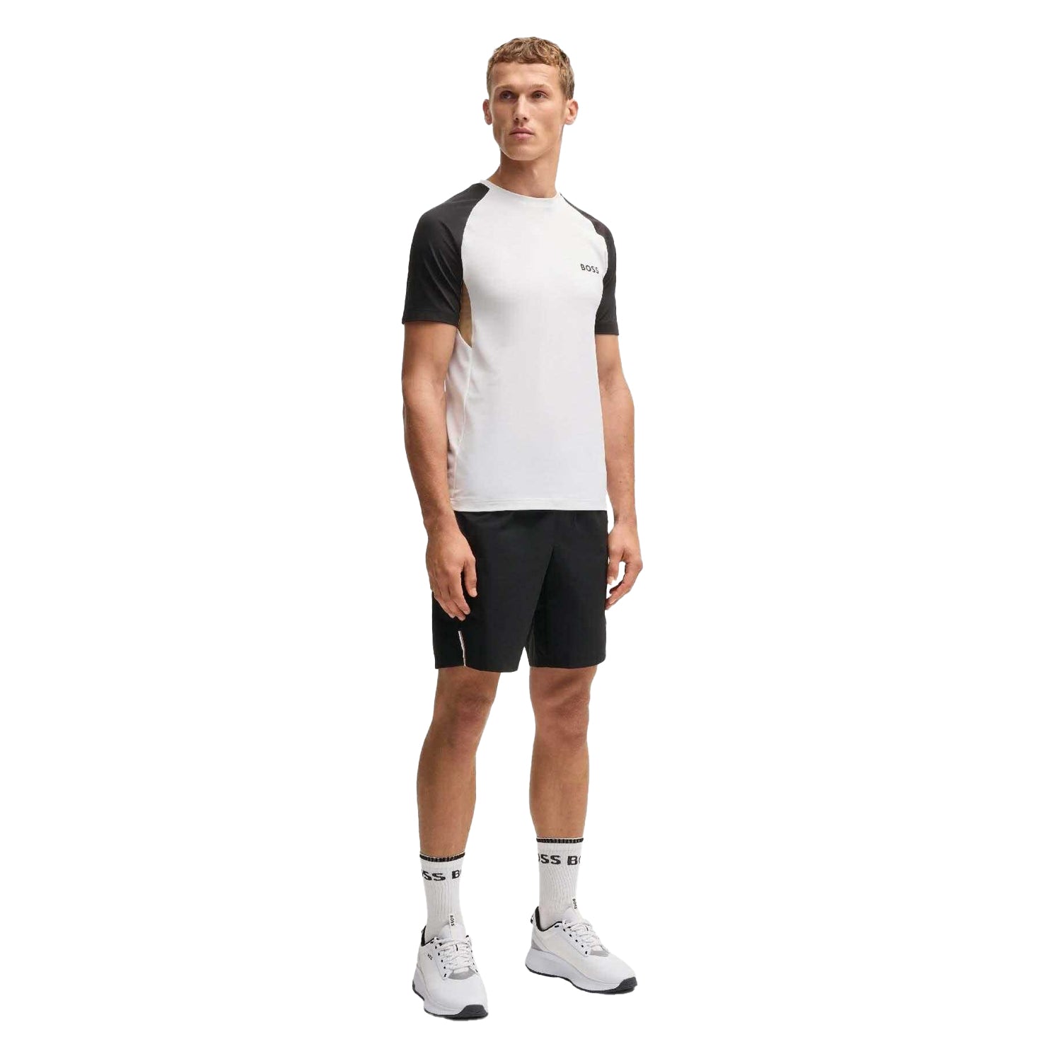 White-Black - Pack Shot - Boss Mens Active Colour Block T-Shirt