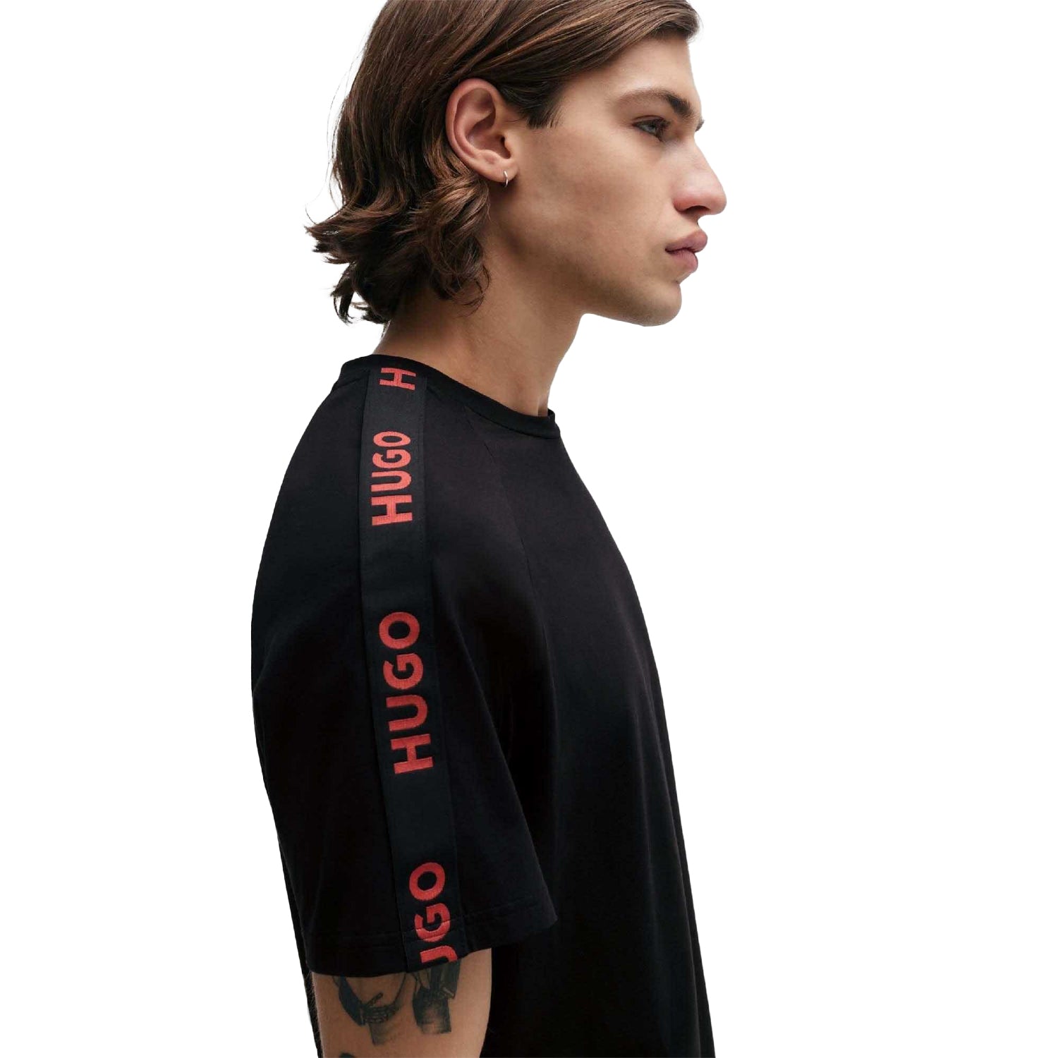 Black - Side - Hugo Mens Sporty Tape Logo T-Shirt