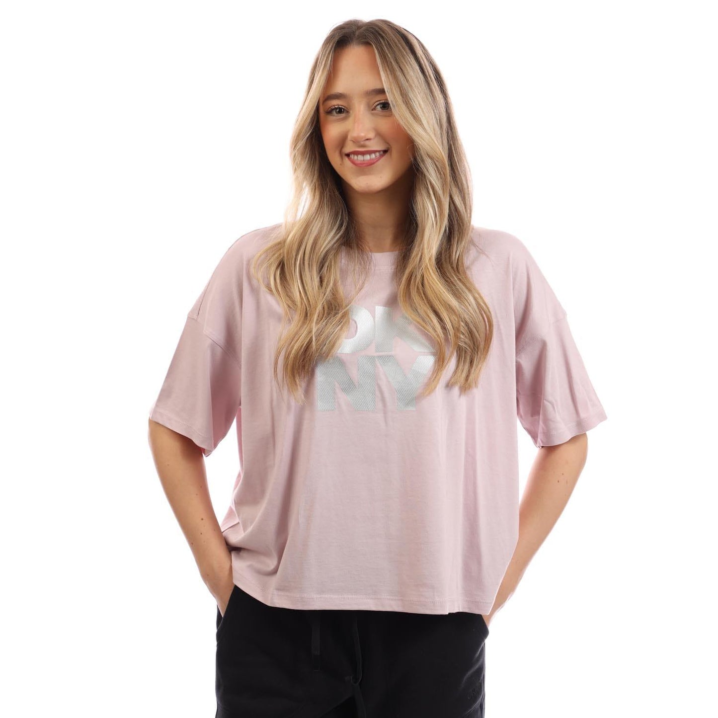 Pink - Side - DKNY Womens-Ladies Foil Logo Crop T-Shirt