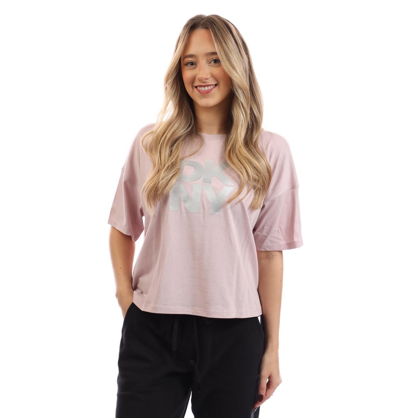 Pink - Front - DKNY Womens-Ladies Foil Logo Crop T-Shirt