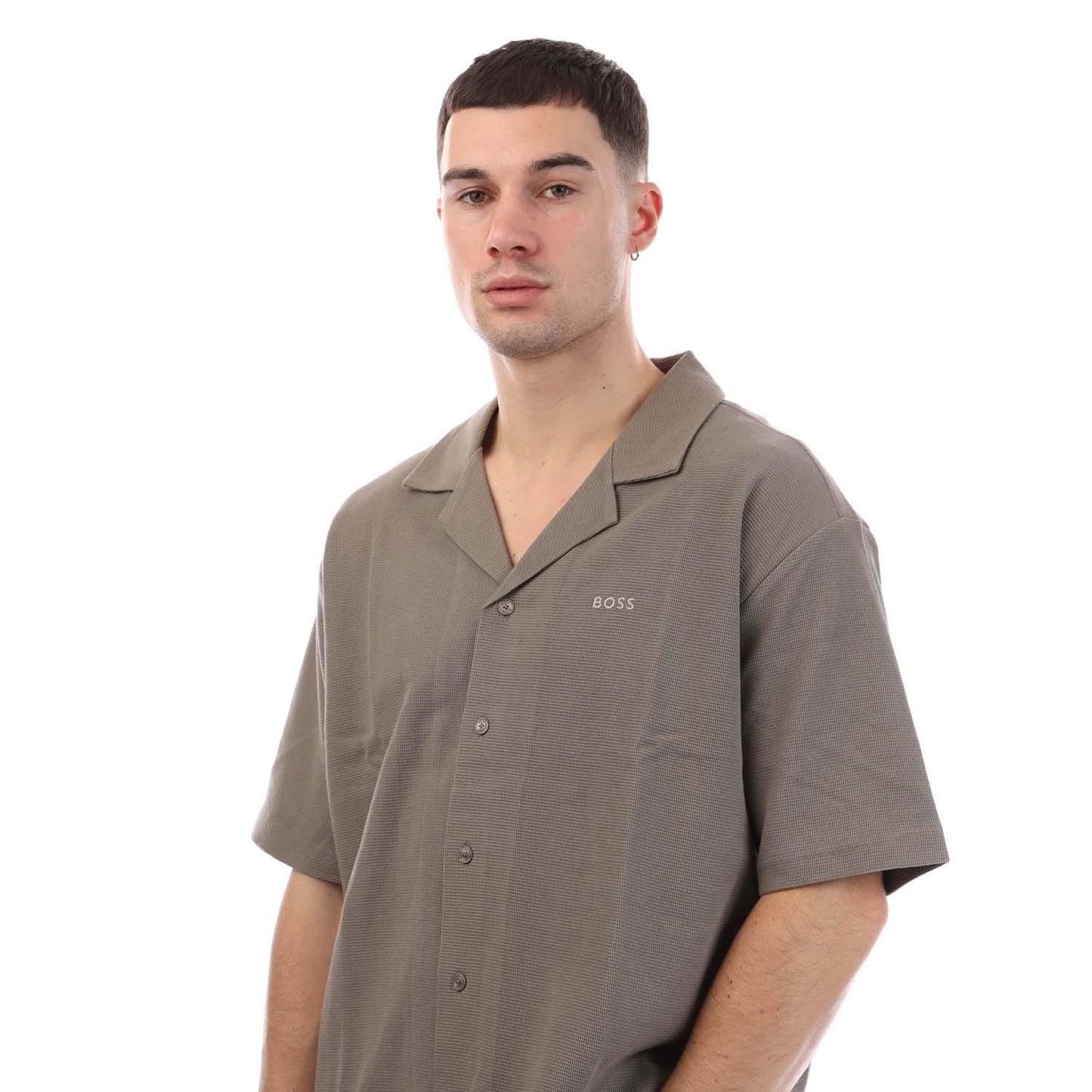 Beige - Side - Boss Mens Waffle Knitted Shirt
