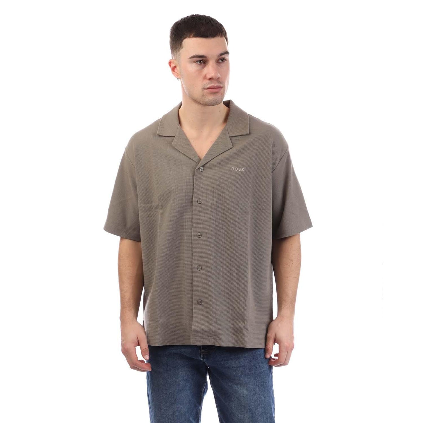 Beige - Front - Boss Mens Waffle Knitted Shirt