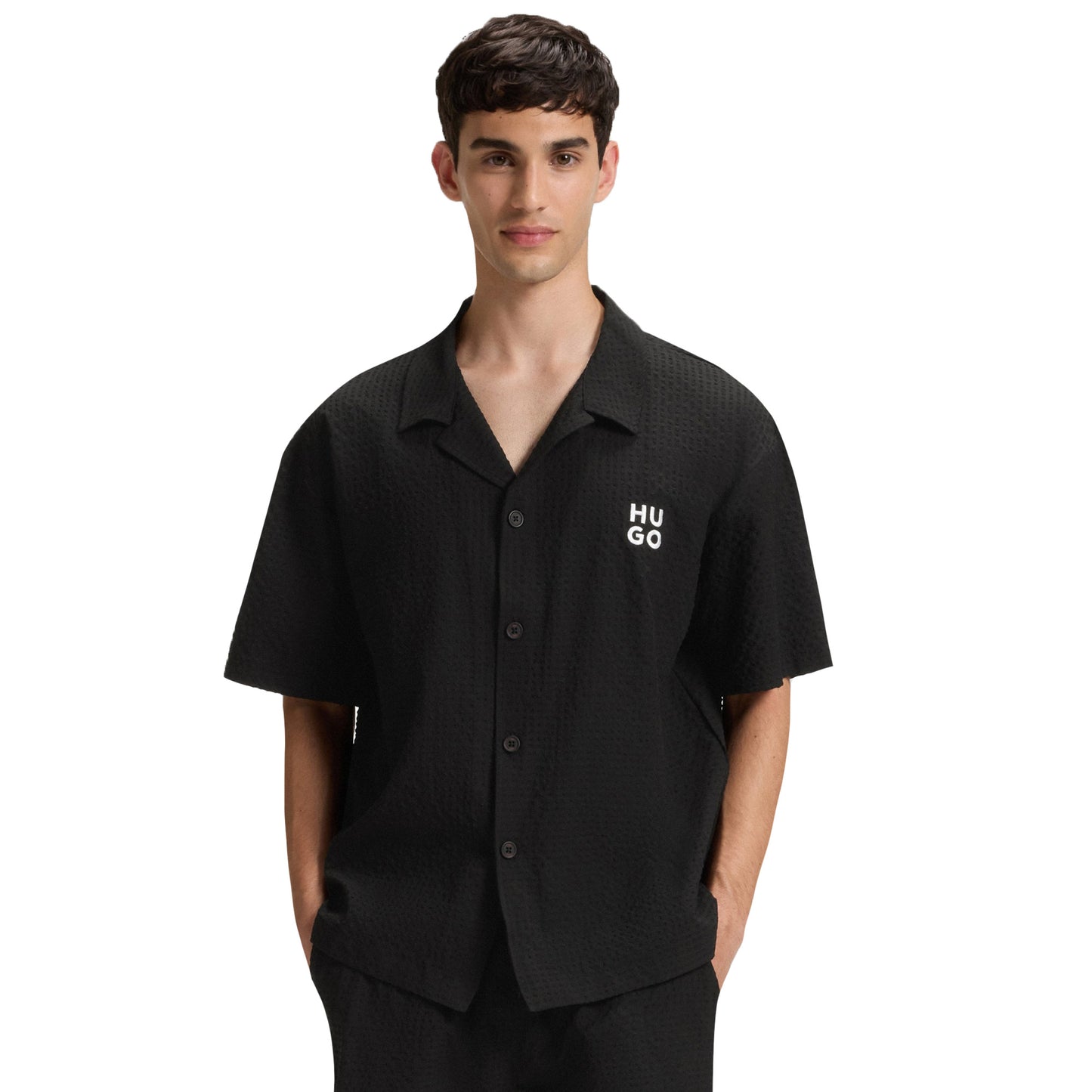 Black - Back - Hugo Mens Chaffle Waffle Beach Shirt