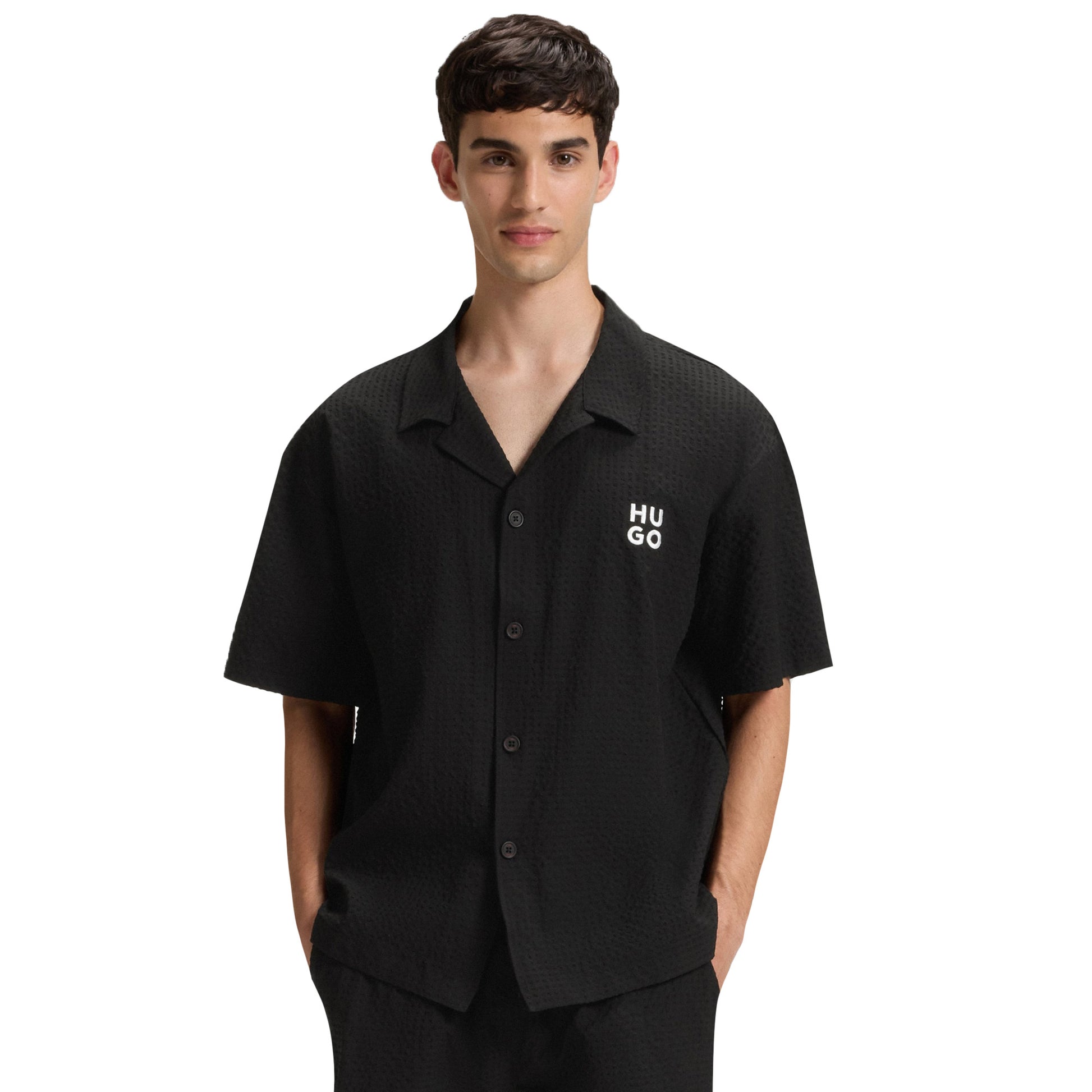 Black - Back - Hugo Mens Chaffle Waffle Beach Shirt