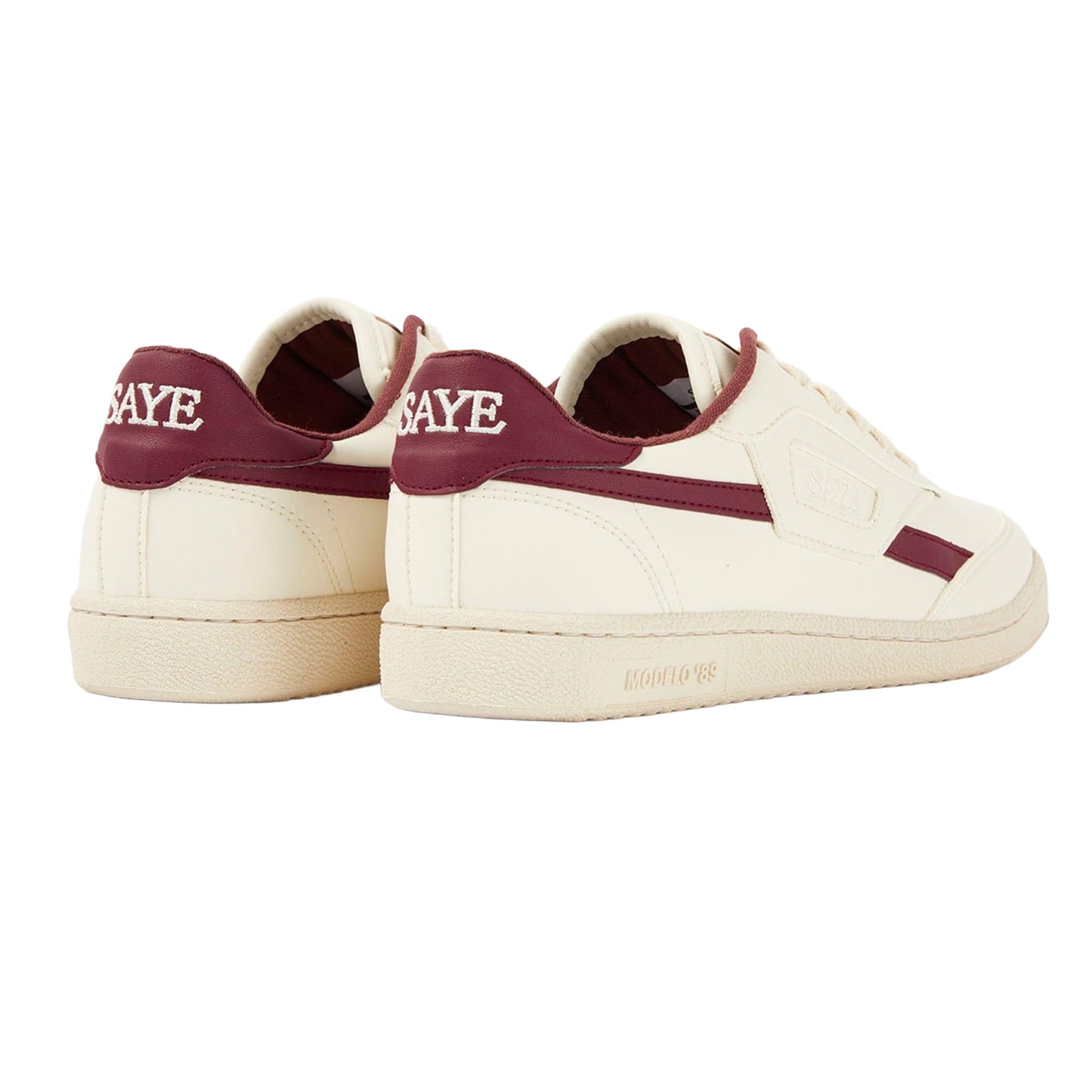 White-Maroon - Back - Saye Mens Modelo 89 Vegan Leather Trainers