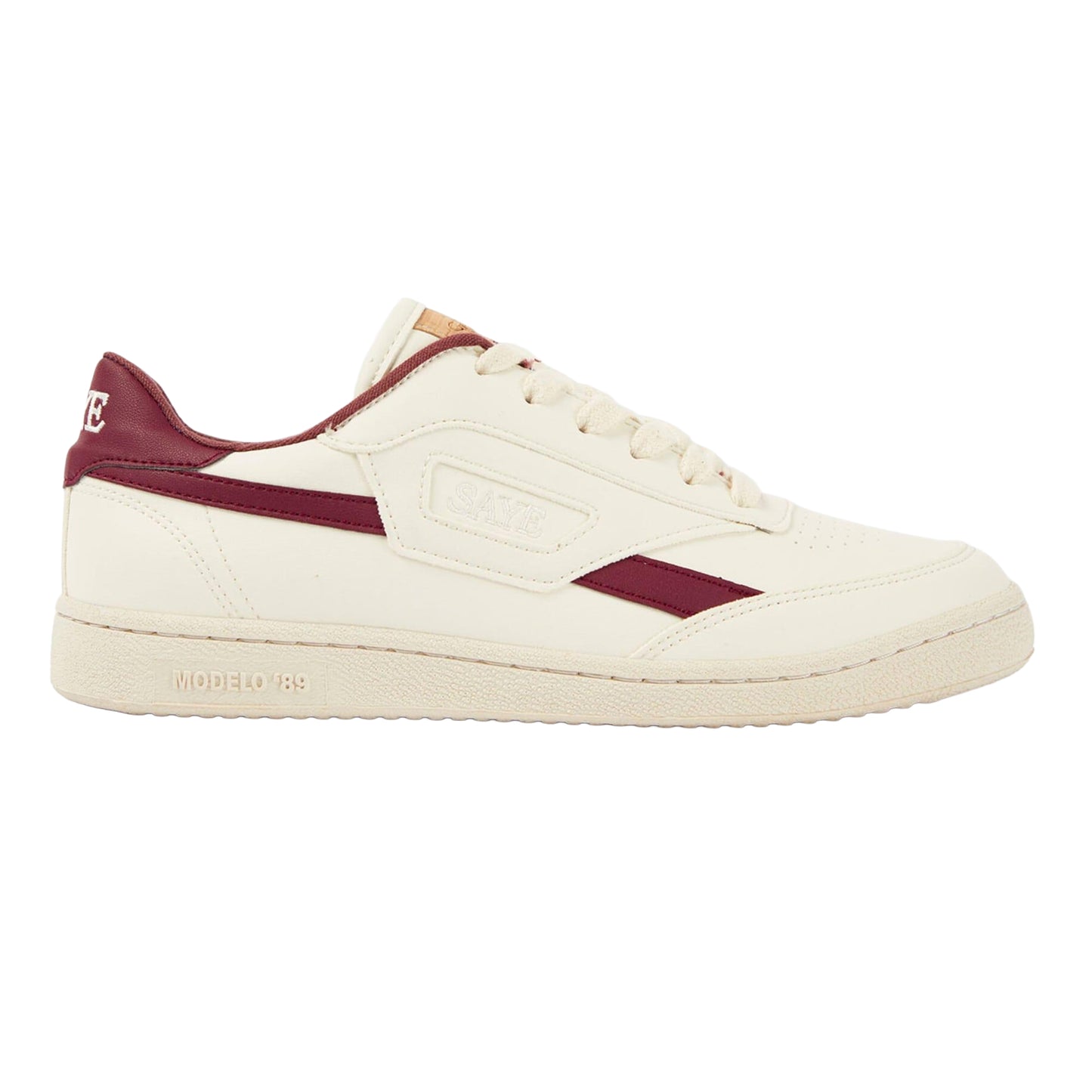 White-Maroon - Side - Saye Mens Modelo 89 Vegan Leather Trainers