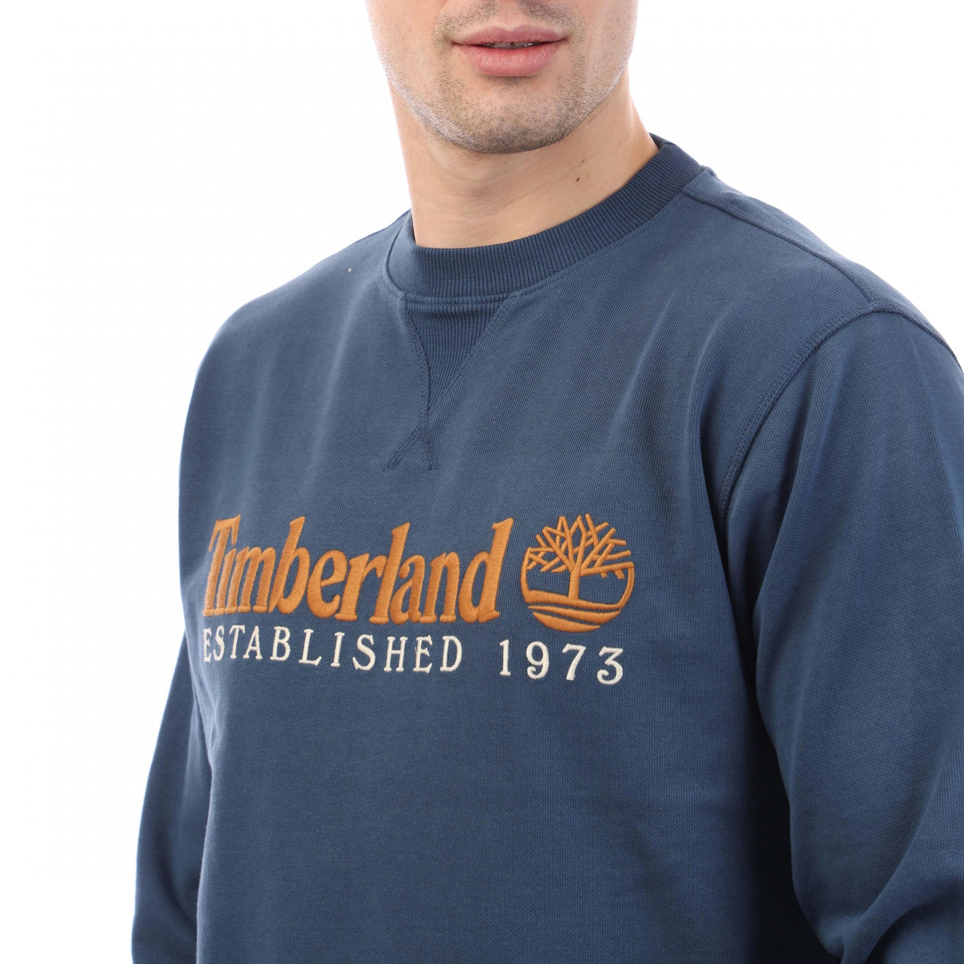 Blue - Side - Timberland Mens Established 1973 Embroidered Crew Neck Sweatshirt