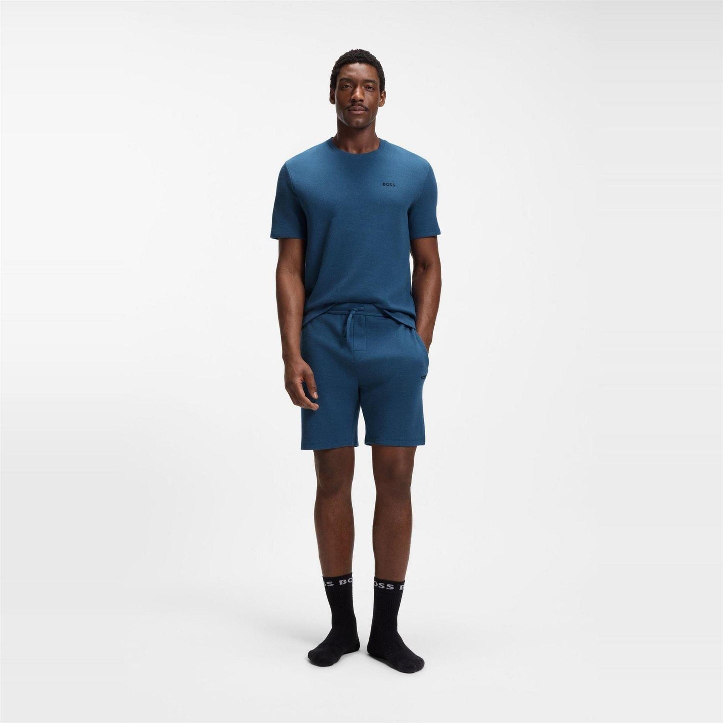 Mid Blue - Pack Shot - Boss Mens Waffle Knit Pyjama Top