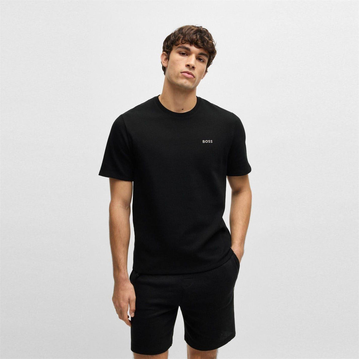 Black - Back - Boss Mens Waffle Knit Structured Pyjama Top