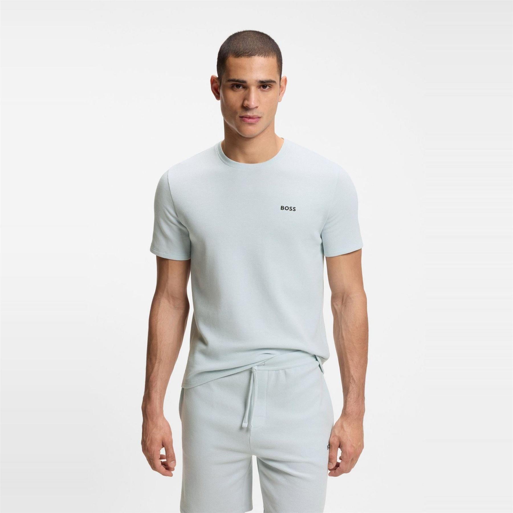 Light Blue - Back - Boss Mens Waffle Knit Pyjama Top