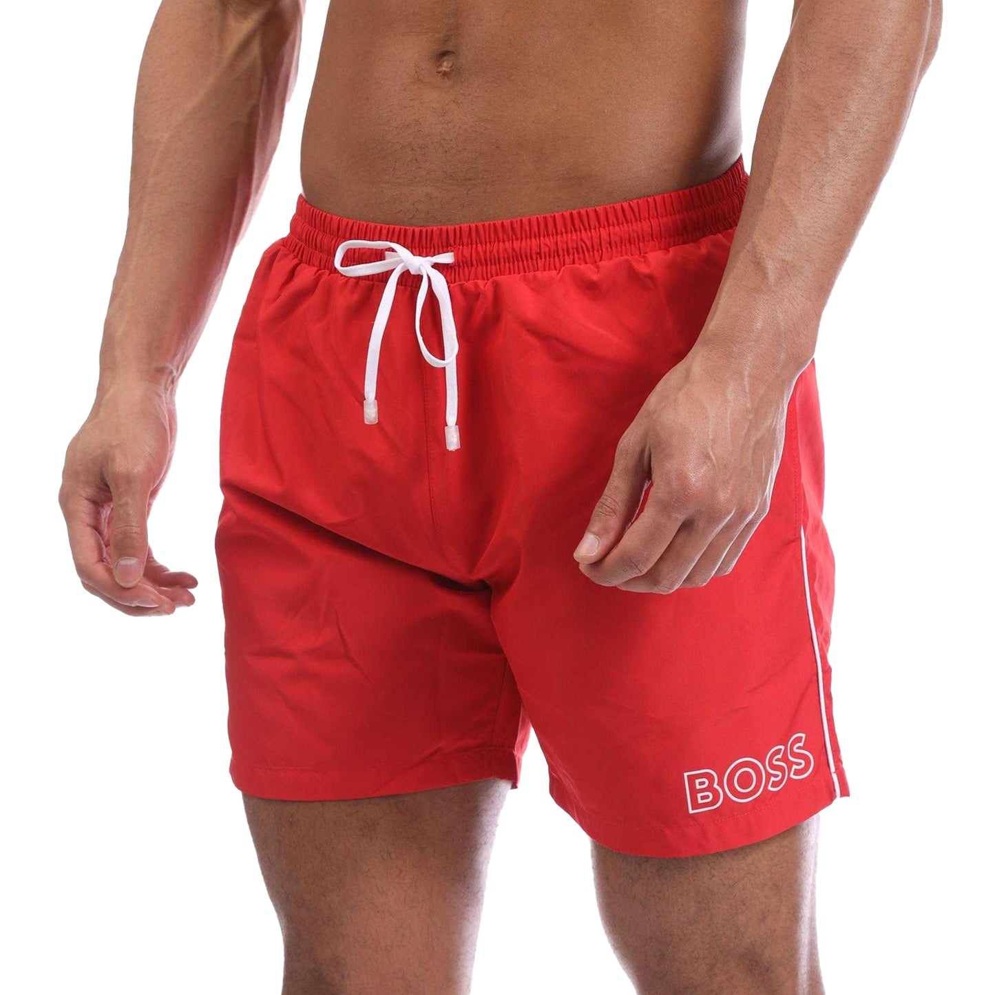Red - Side - Boss Mens Logo Swimming Trunks