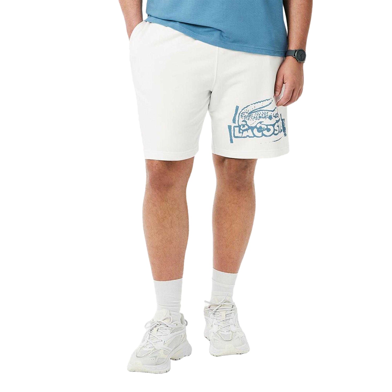 Cream - Pack Shot - Lacoste Mens Fleece Graphic Print Shorts