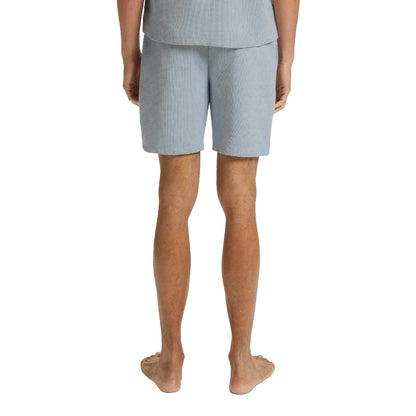Blue - Back - Boss Mens Waffle Embroidered Logo Pyjama Shorts