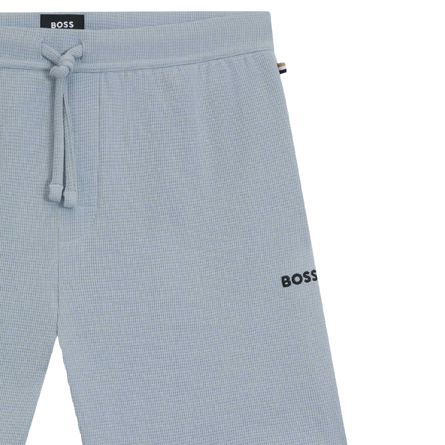 Blue - Side - Boss Mens Waffle Embroidered Logo Pyjama Shorts